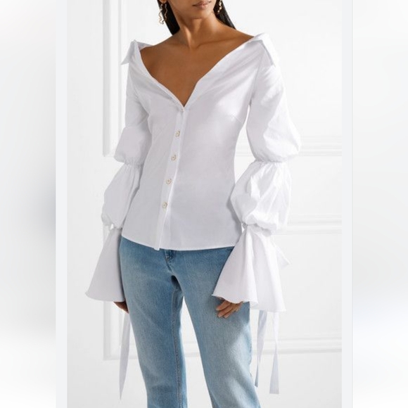 Caroline Constas Marguerite Off the Shoulder Blouse sz XS White Shirt Top Button - Picture 2 of 13